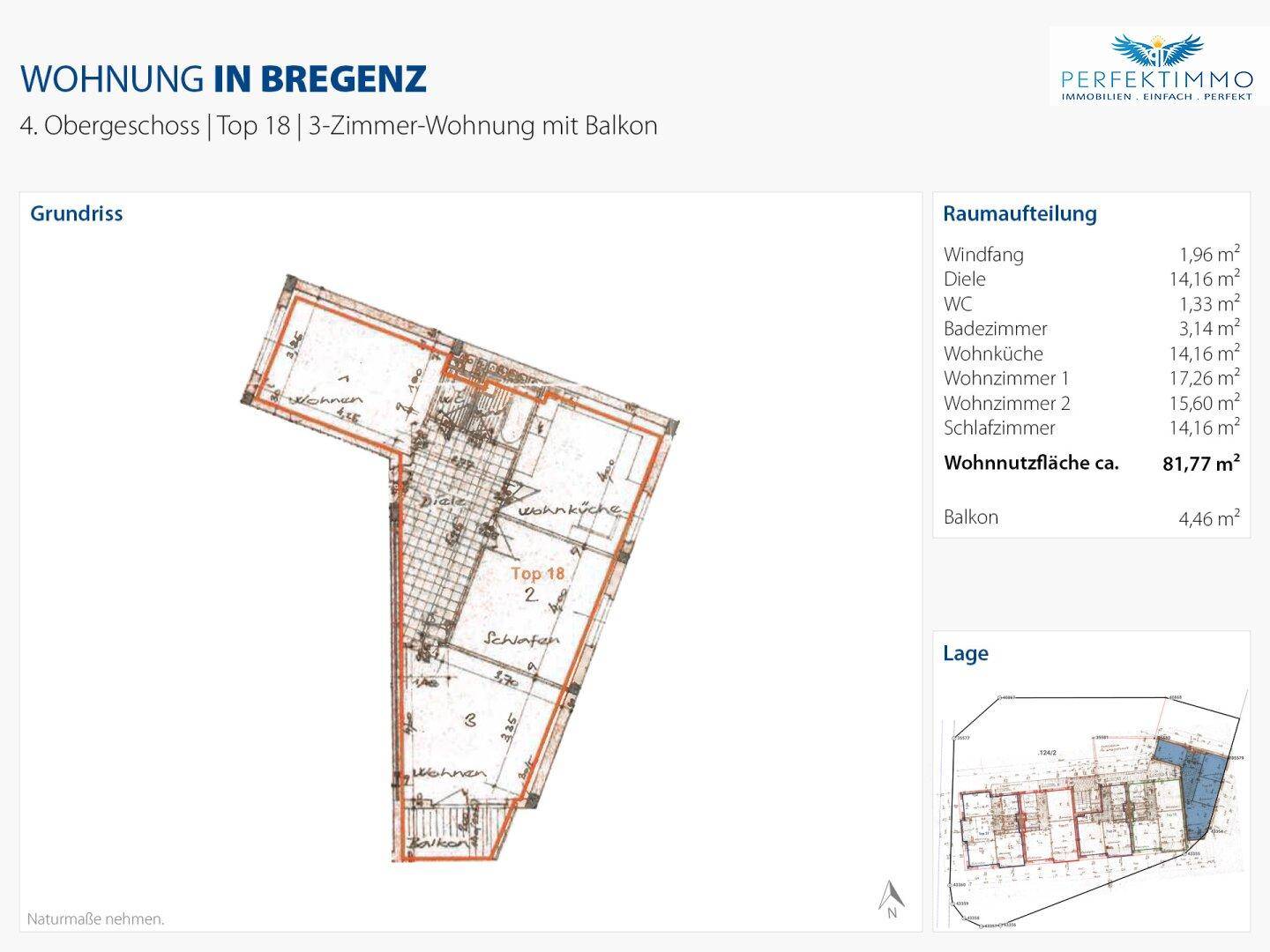 Grundriss der 3-Zimmer-Wohnung im 4. Obergeschoss mit Balkon und Raumaufteilung.