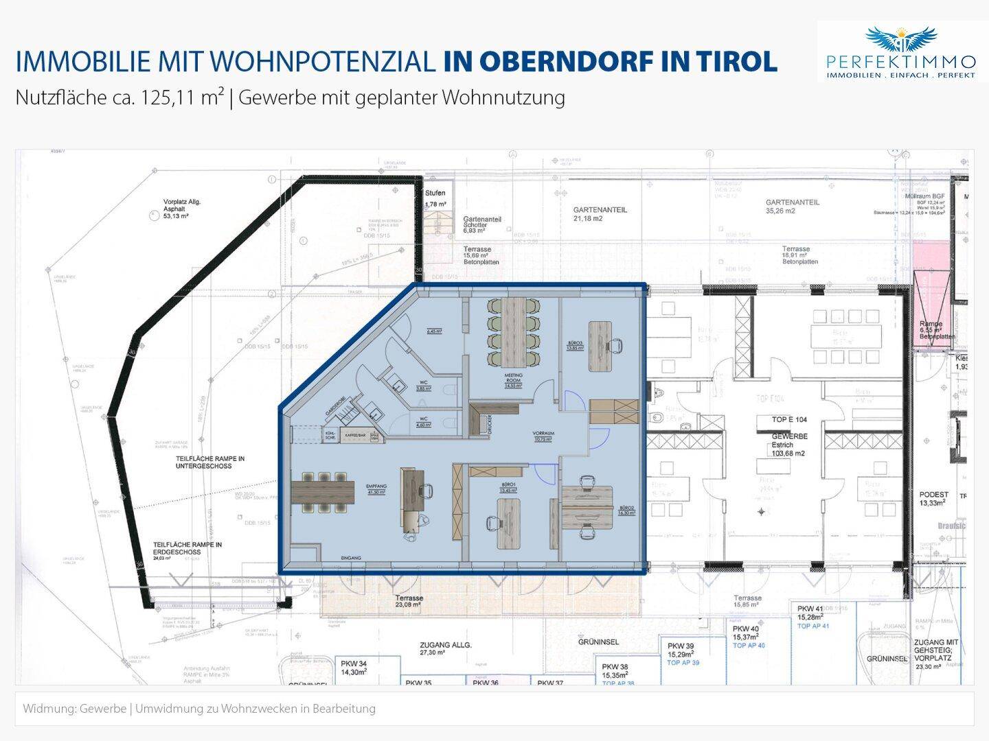 Grundrissplan einer Immobilie mit 125,11 m² Nutzfläche und Potenzial zur Wohnnutzung.