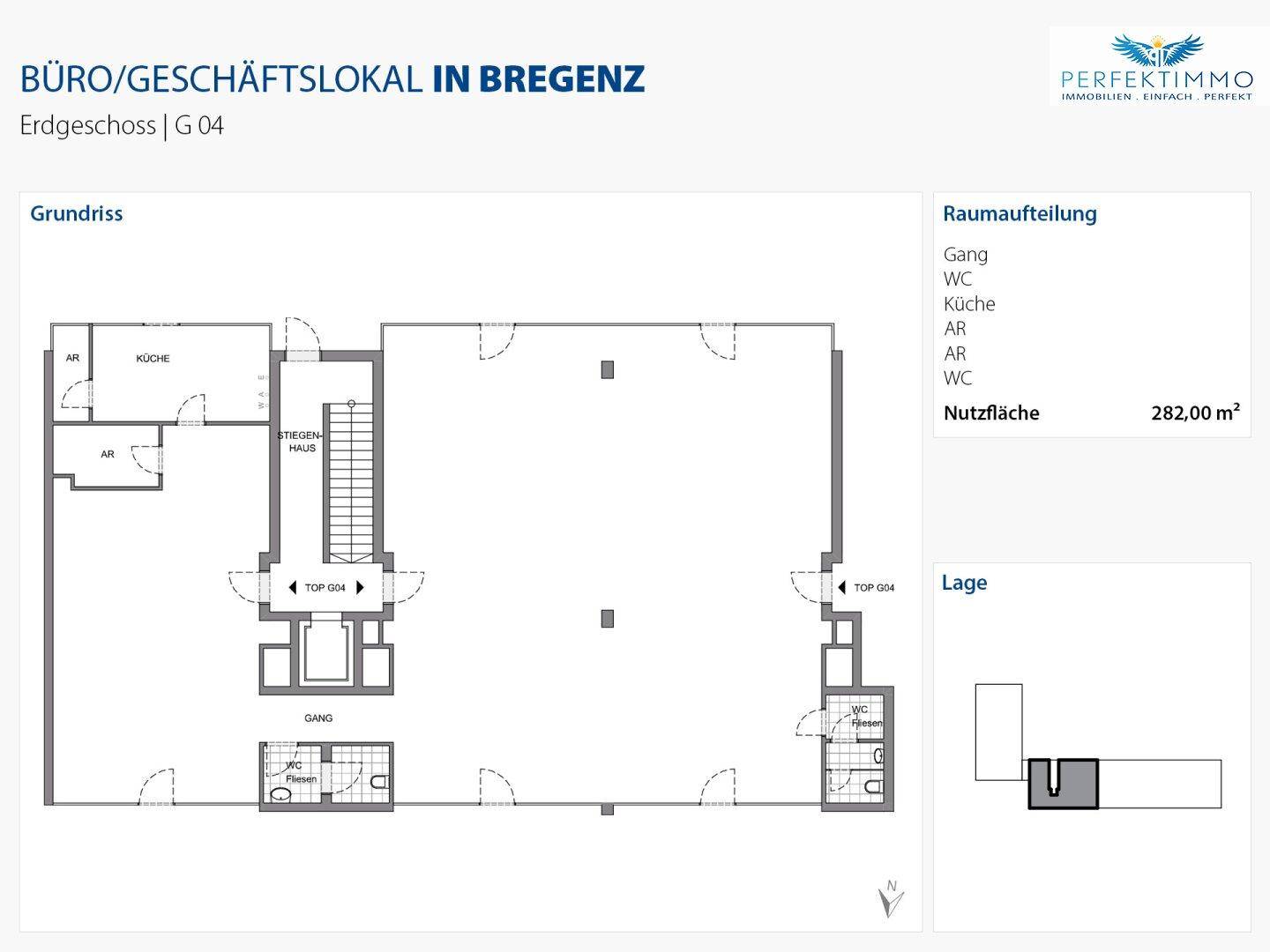 Grundriss des Erdgeschosses G04 mit Raumaufteilung und einer Nutzfläche von 282 m².