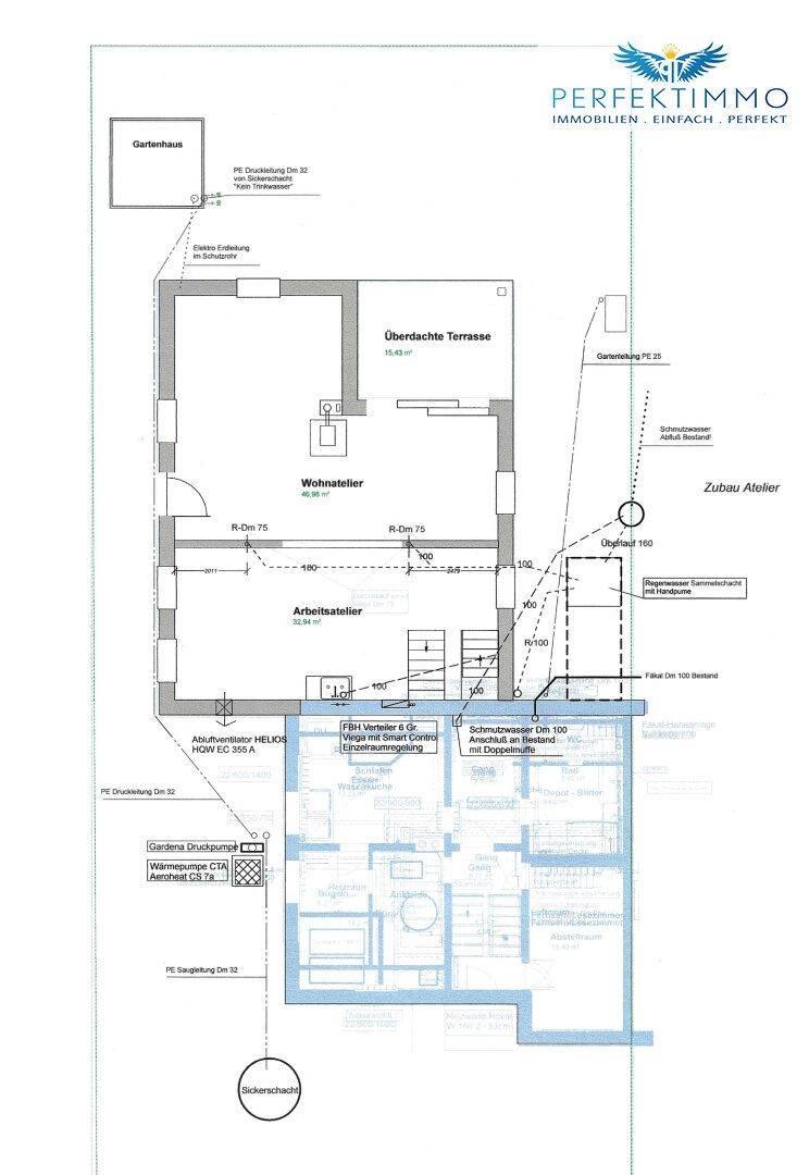 Detaillierter Grundriss mit Außenanlagen, Entwässerungssystemen und Gartenhaus.