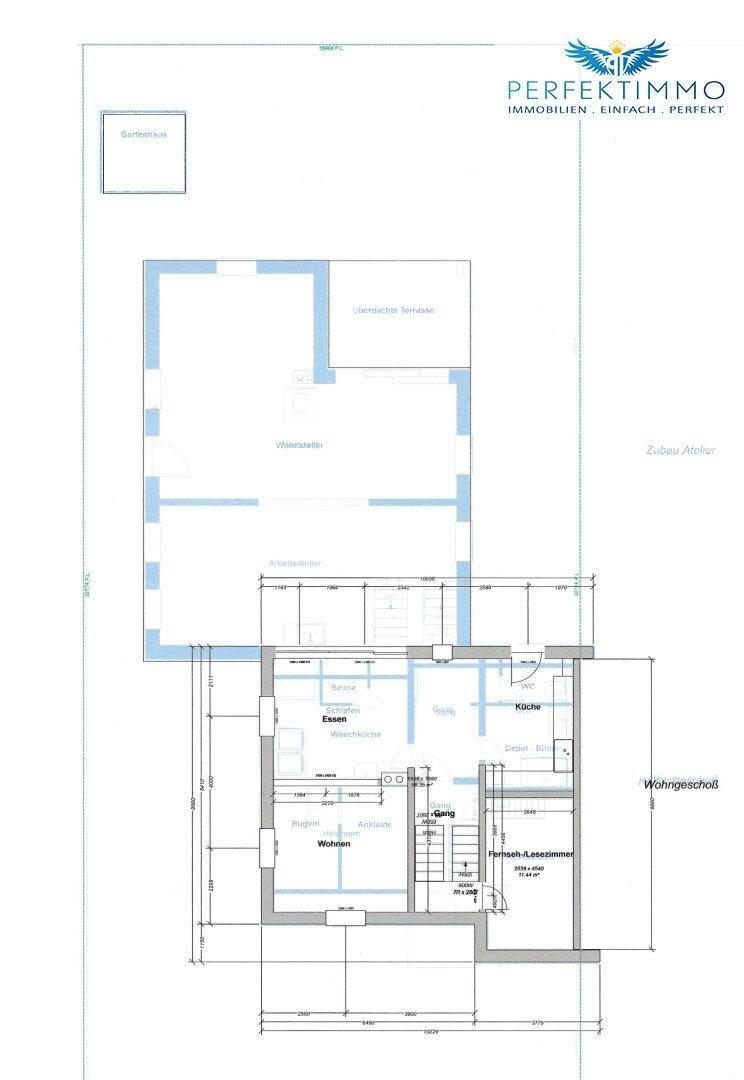Grundriss des Erdgeschosses mit Wohnbereich, Esszimmer und Küche.