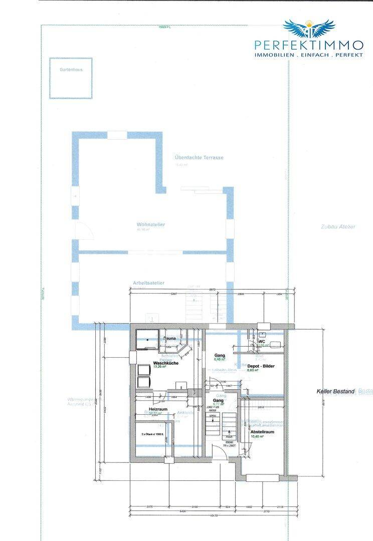 Grundriss des Kellergeschosses mit Abstellräumen, Heizraum und Waschküche.