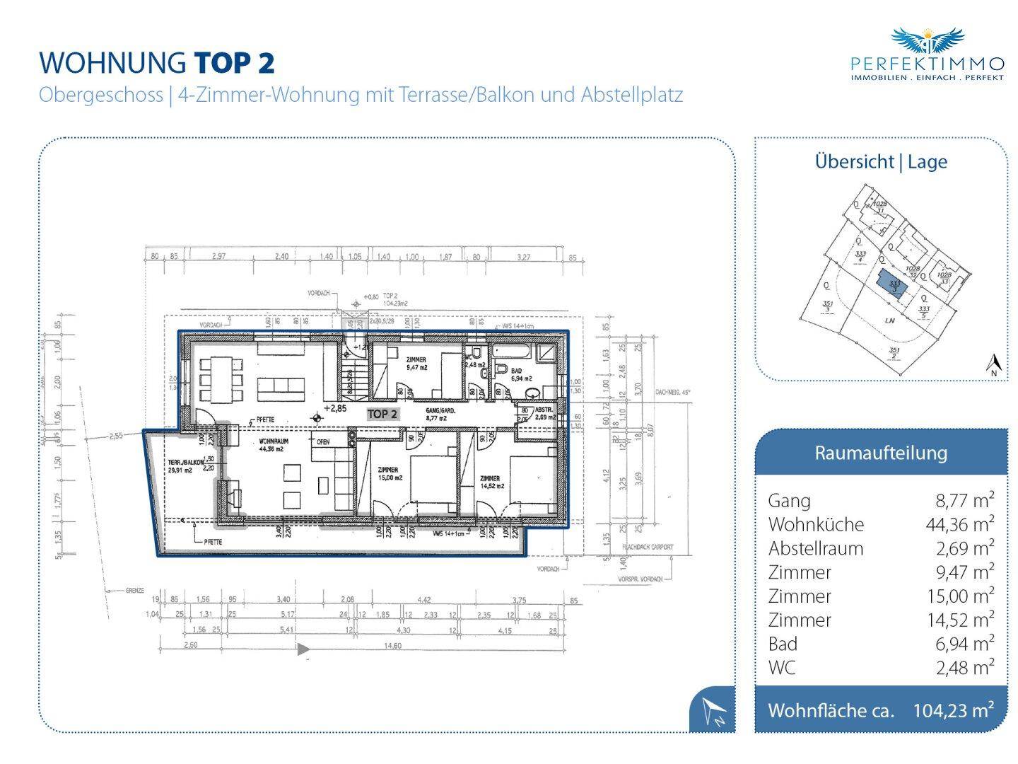 Grundriss der Obergeschosswohnung mit 4 Zimmern, Terrasse, Balkon und Abstellraum.