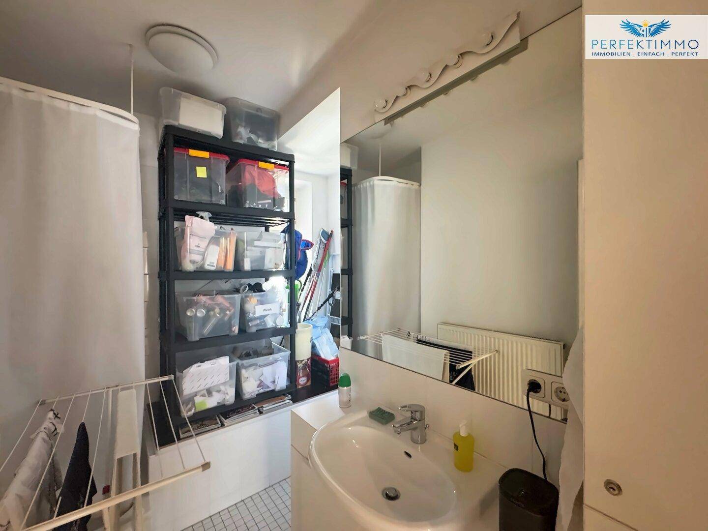 Funktionales Badezimmer mit Waschbecken, Spiegel und Regalen für Lagerung.