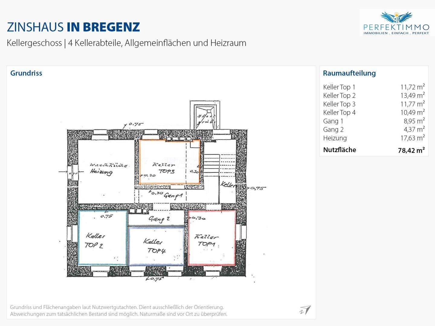 Grundriss des Kellergeschosses mit vier Kellerabteilen, Gängen und Heizraum, insgesamt 78,42 m² Nutzfläche.