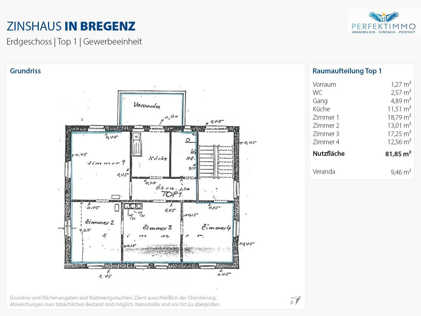Grundriss des Erdgeschosses (Top 1) mit vier Zimmern, Küche, Bad/WC und einer Veranda von 9,46 m².