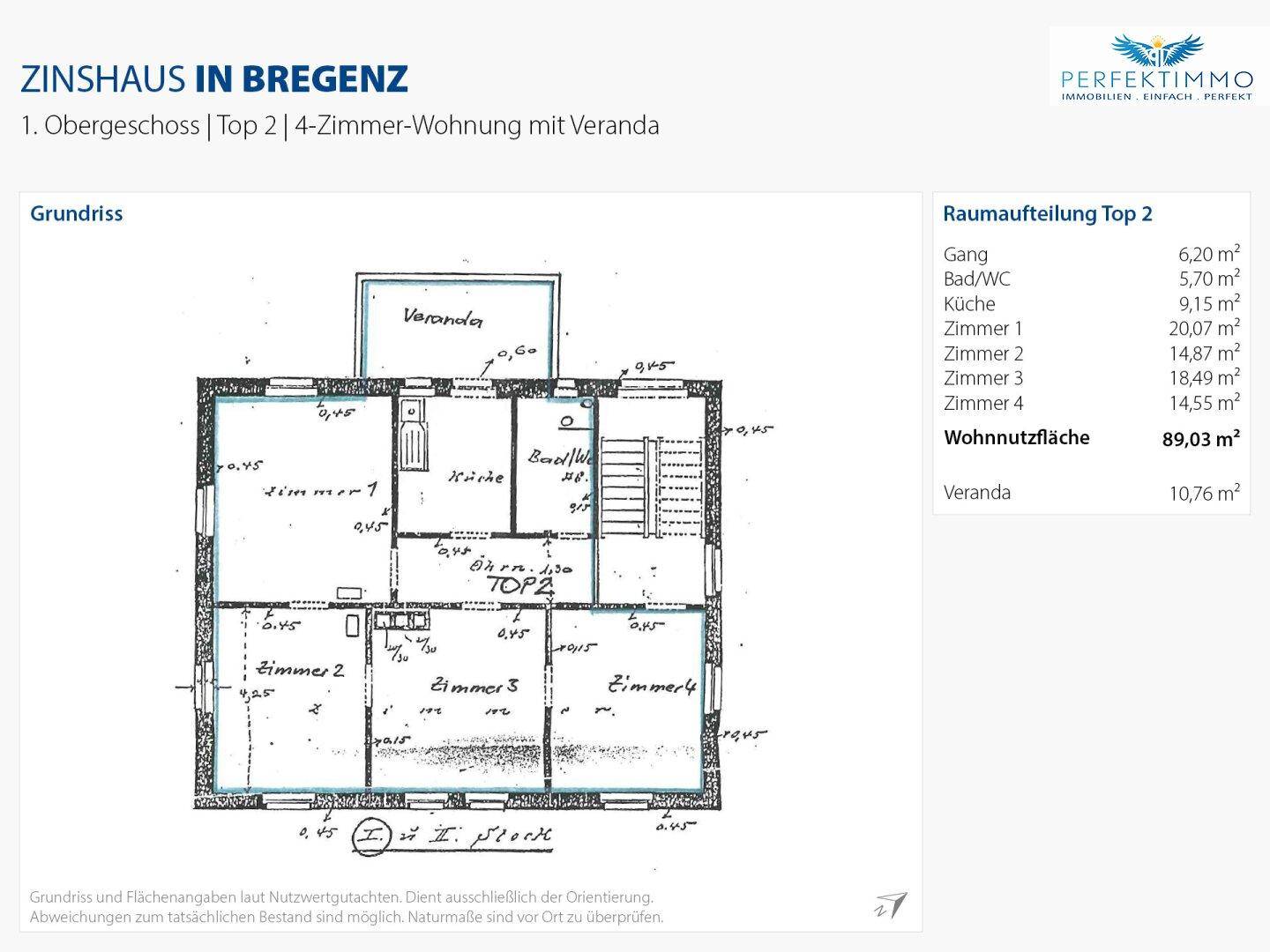 Grundriss der 4-Zimmer-Wohnung (Top 2) im 1. Obergeschoss mit Bad/WC, Küche und Veranda von 10,76 m².