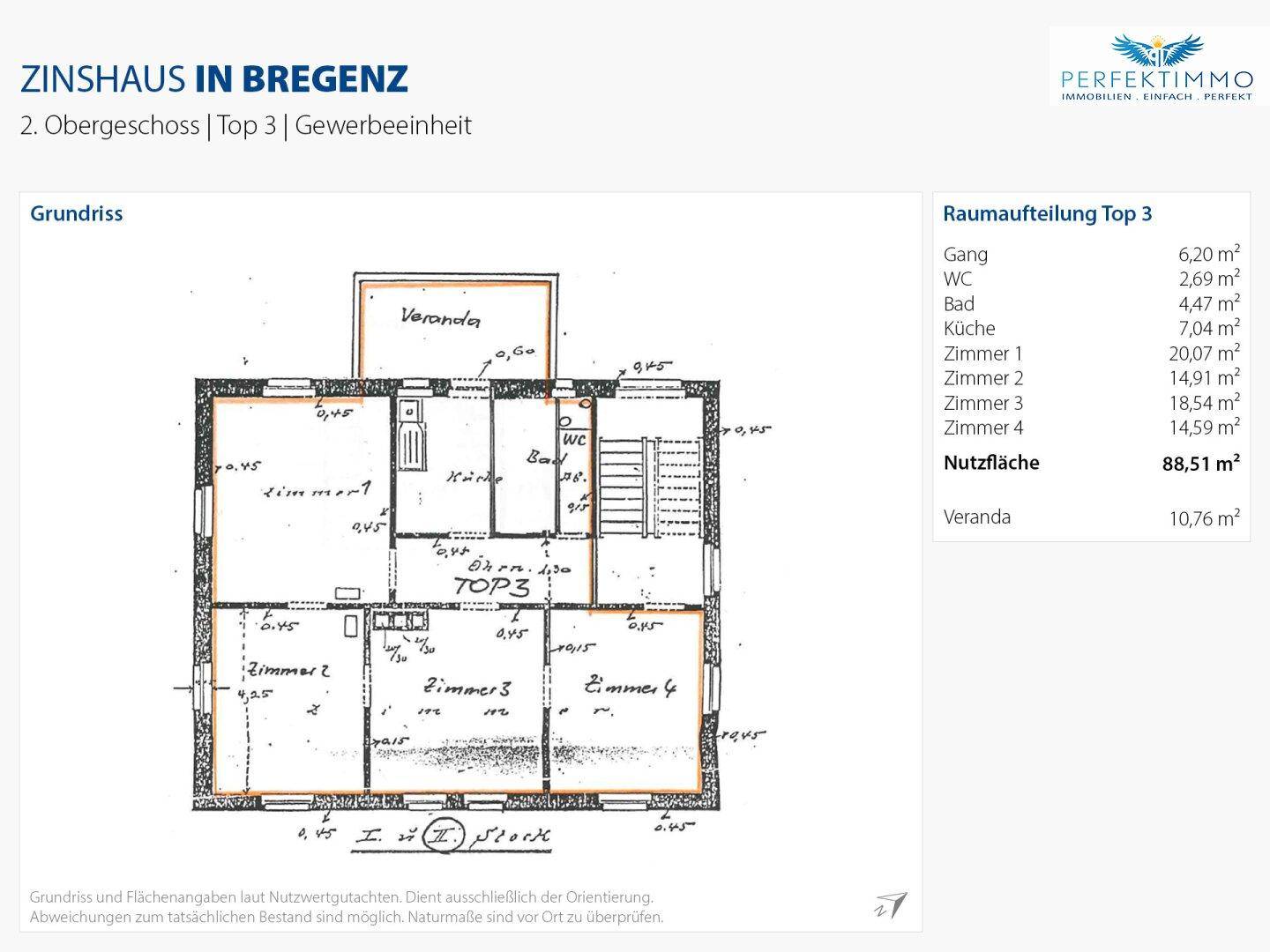 Grundriss der 4-Zimmer-Wohnung (Top 3) im 2. Obergeschoss mit Bad, WC, Küche und Veranda von 10,76 m².