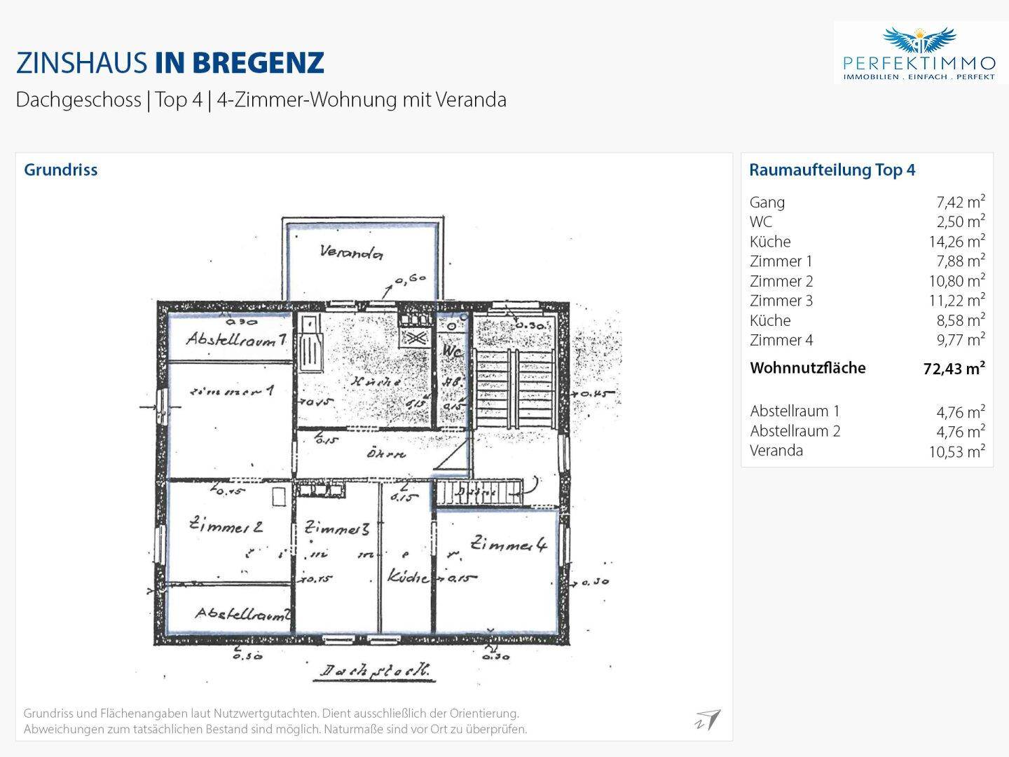 Grundriss der 4-Zimmer-Wohnung (Top 4) im Dachgeschoss mit Küche, Bad/WC, zwei Abstellräumen und Veranda.