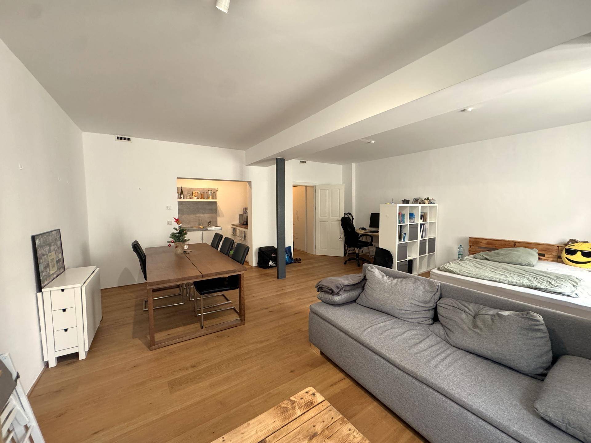 Weitläufiger Wohnbereich mit Essplatz, Sofa und Schlafbereich, ergänzt durch eine kleine Küchenzeile.