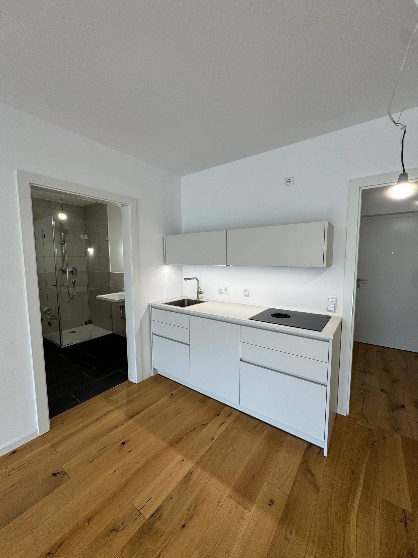 Moderne Küchenzeile mit Holzboden und Blick in ein stilvolles Badezimmer mit begehbarer Dusche.