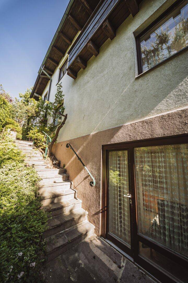 Seitlicher Zugang zum Haus über eine Steintreppe mit Handlauf und Fenster.