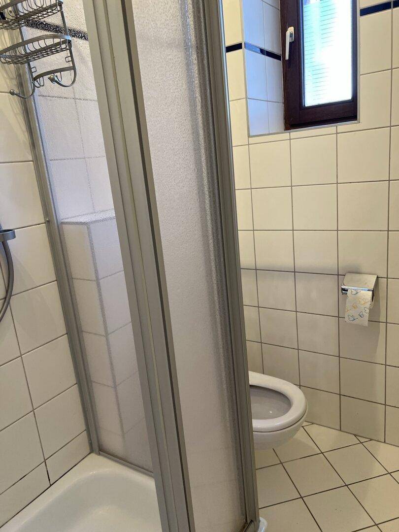 Badezimmer mit weißen Fliesen, Toilette und Duschkabine mit Milchglas.