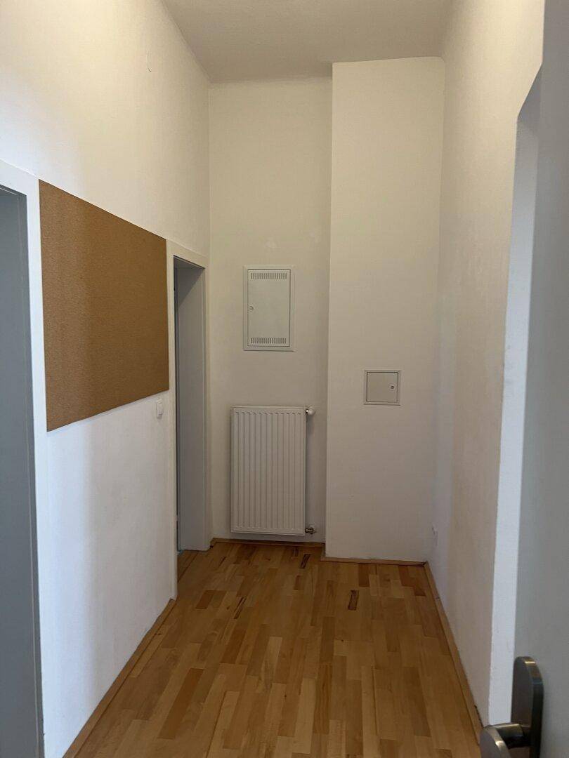 Langer Flur mit Parkettboden, weiß gestrichenen Wänden und Heizkörper.
