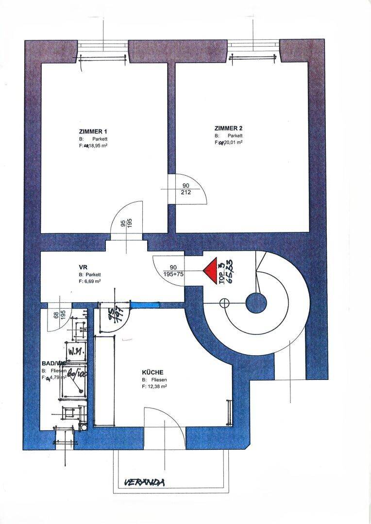 Grundriss der Wohnung mit zwei Zimmern, Küche, Bad und Veranda.
