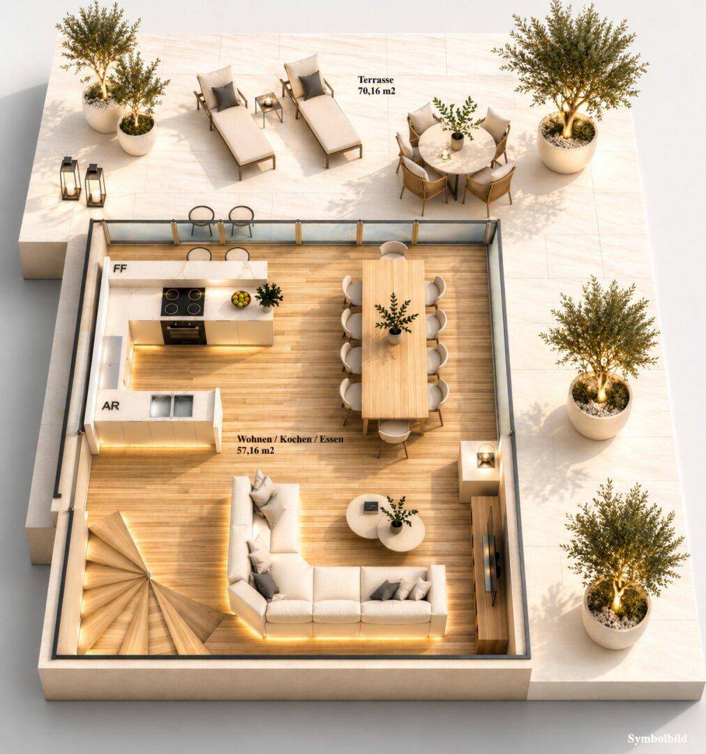 Grundriss einer modernen Wohnung mit offenem Wohn-, Koch- und Essbereich sowie großer Terrasse.