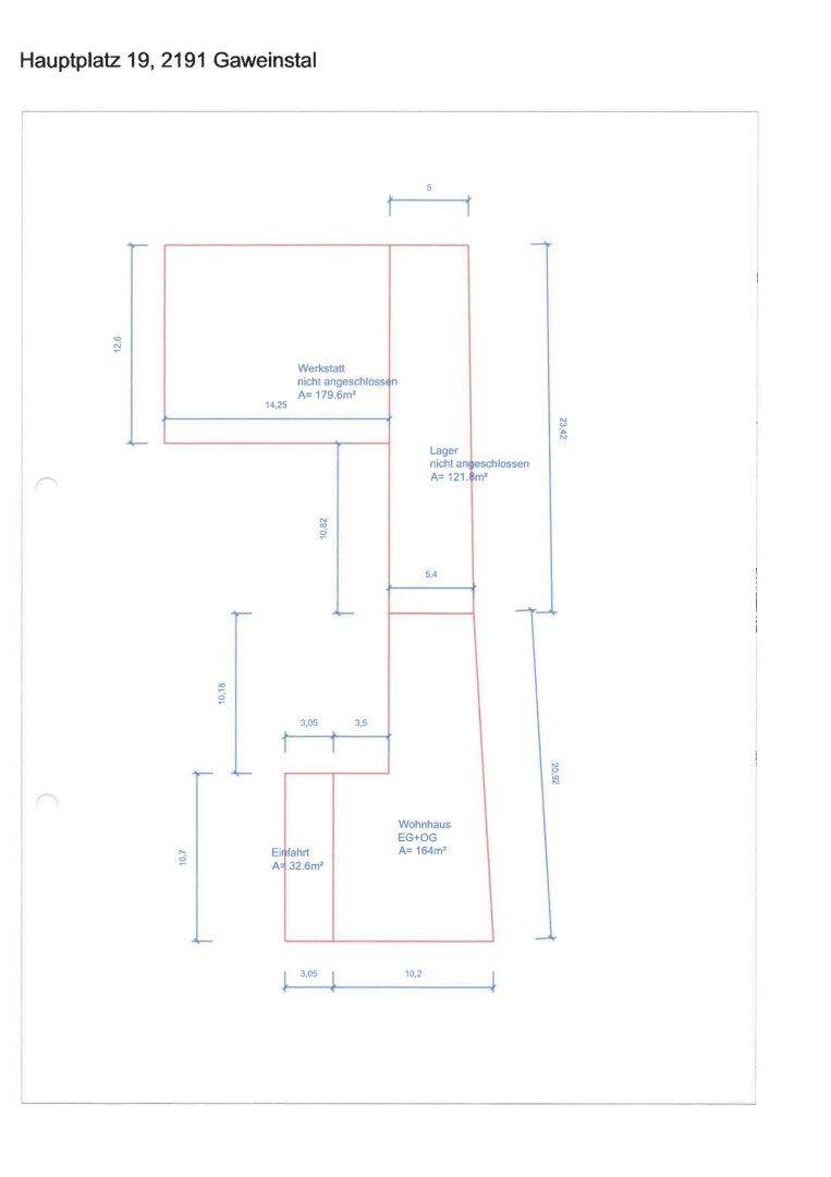 Einfacher Grundriss mit Flächenangaben für Werkstatt, Lager und Einfahrt.