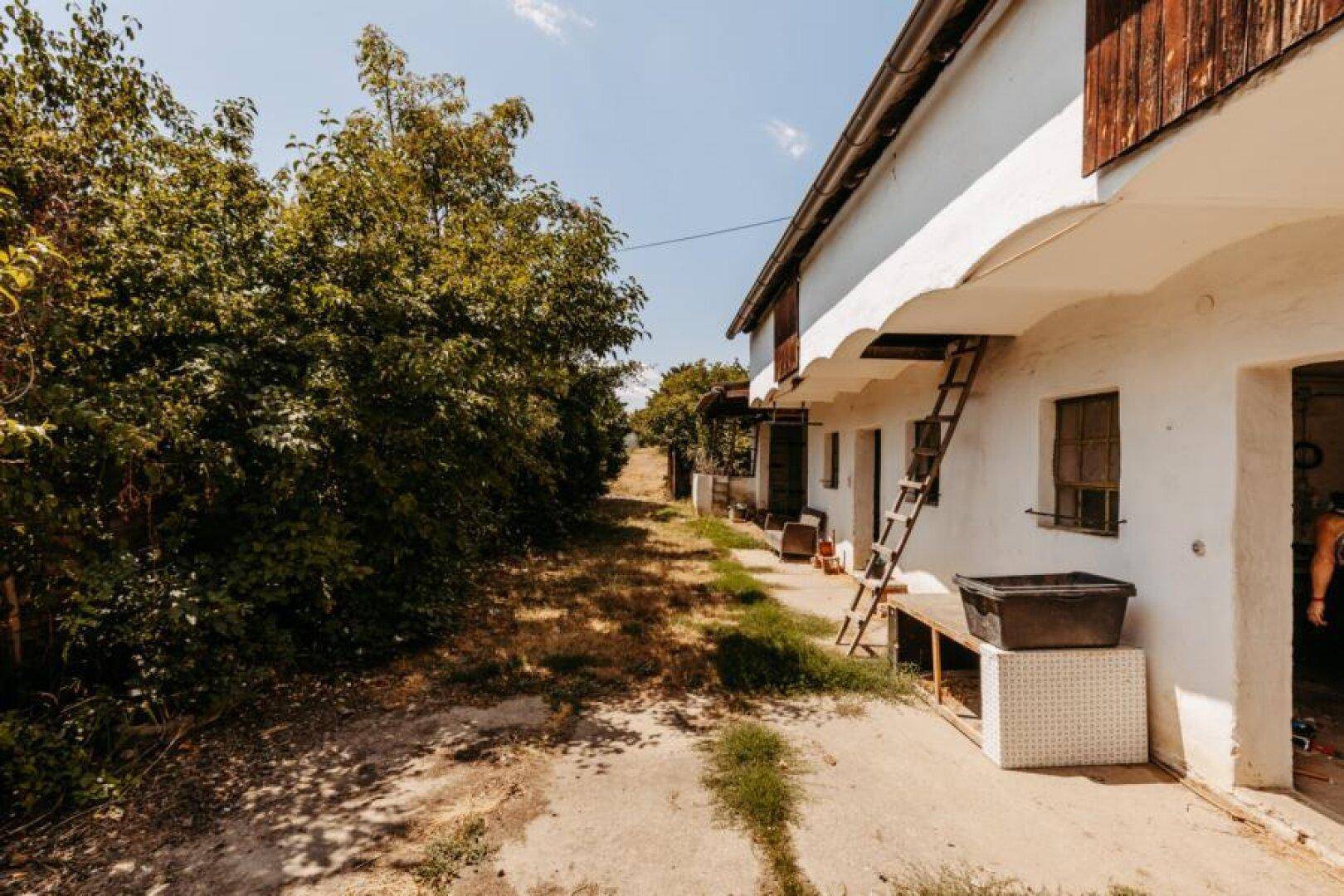 Länglicher Gebäudeteil mit weißer Fassade und einem unbefestigten Weg daneben.
