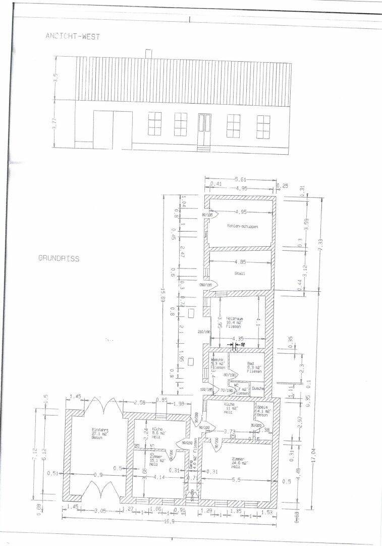 Grundriss und Ansicht eines Gebäudes mit detaillierten Maßangaben.
