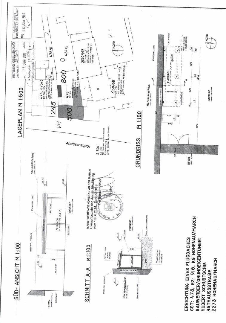 Technischer Plan mit Lageplan, Grundriss und Schnittansichten des Gebäudes.