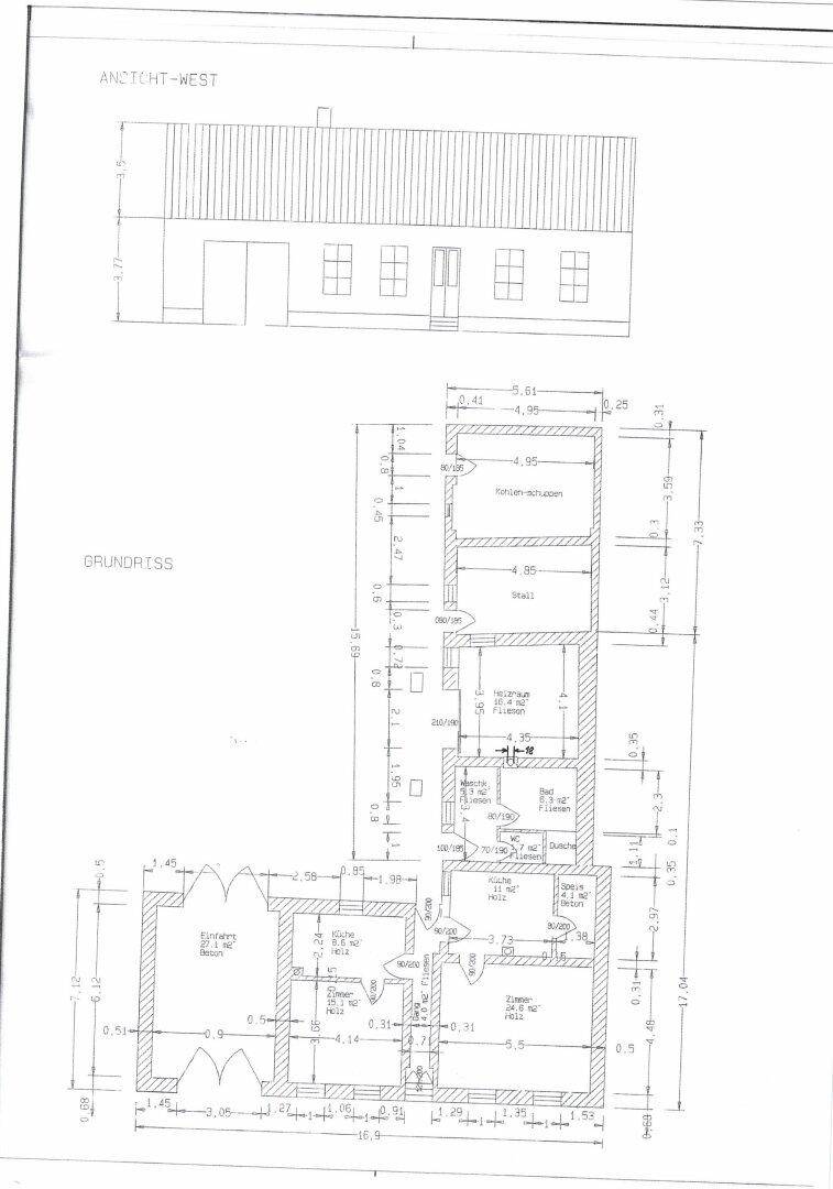 Grundriss und Ansicht eines Gebäudes mit detaillierten Maßangaben.