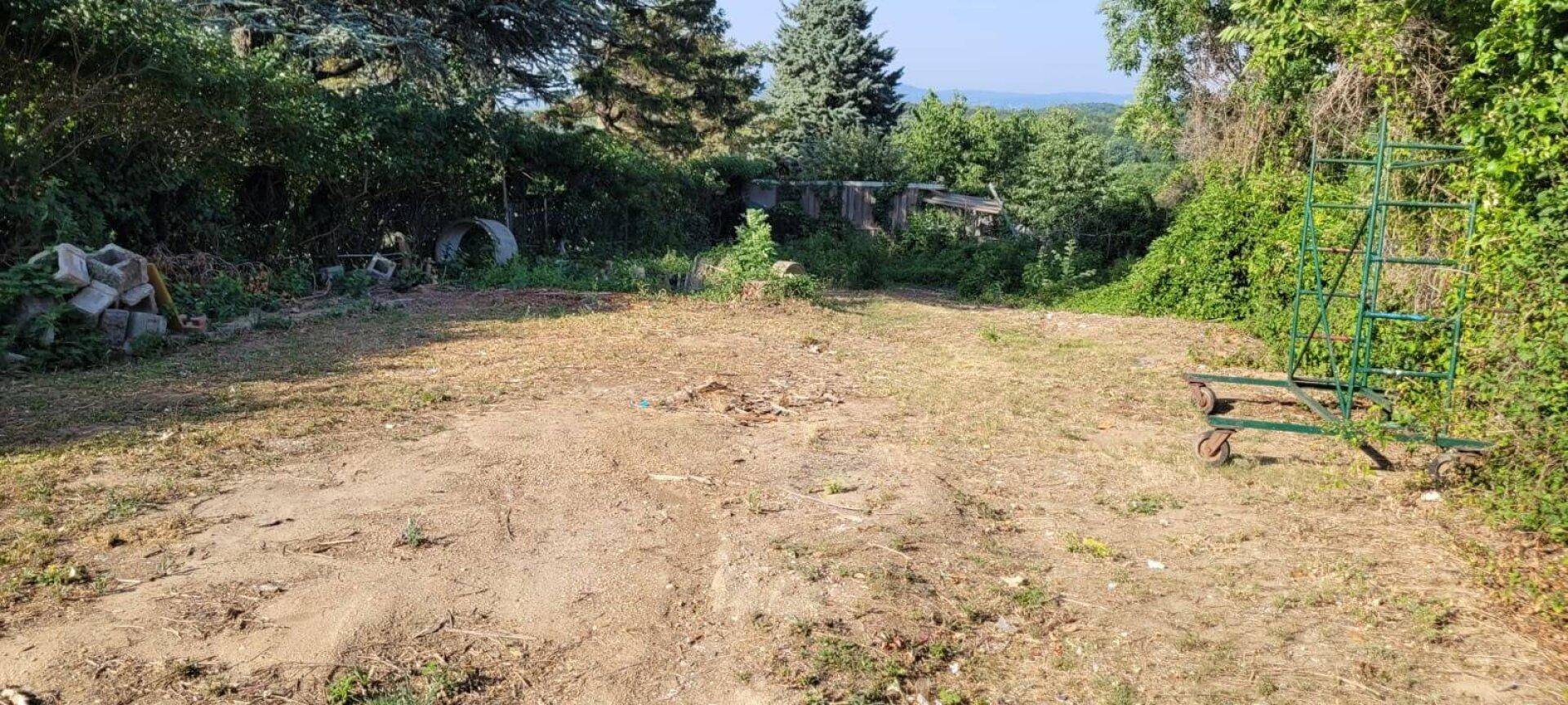 Weitläufiges Grundstück mit trockener Erde, umgeben von Bäumen und Blick in die Ferne.