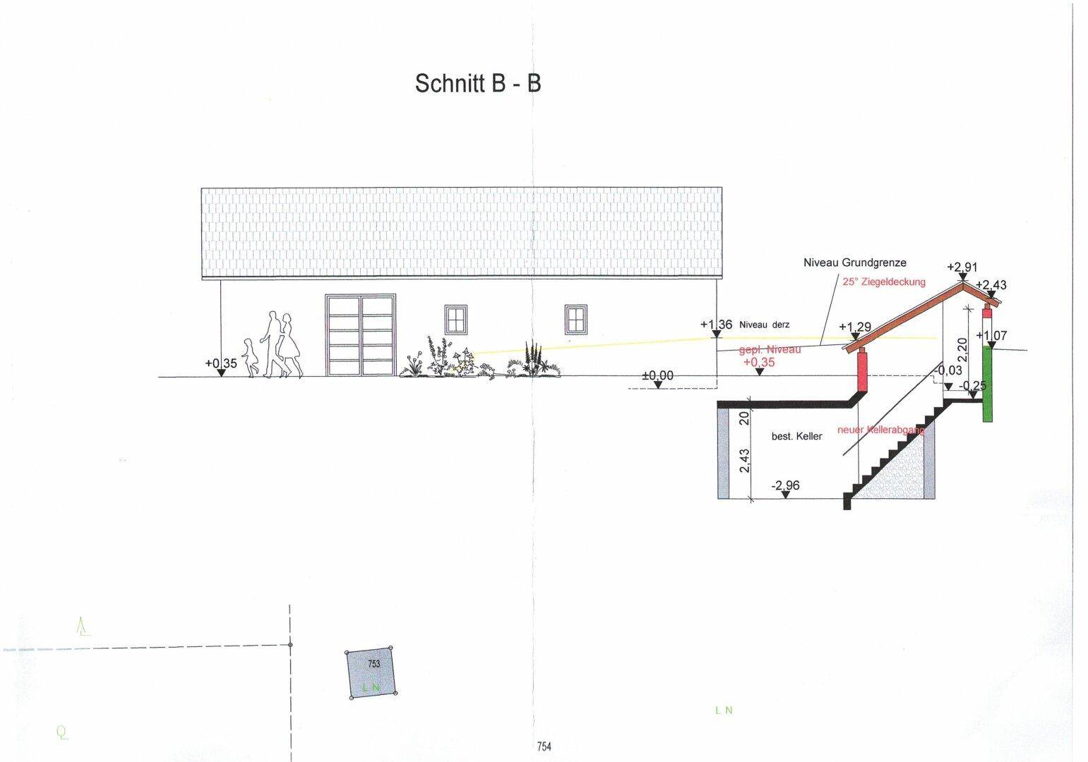 Schnittzeichnung B-B des Gebäudes mit Keller und Dachkonstruktion.