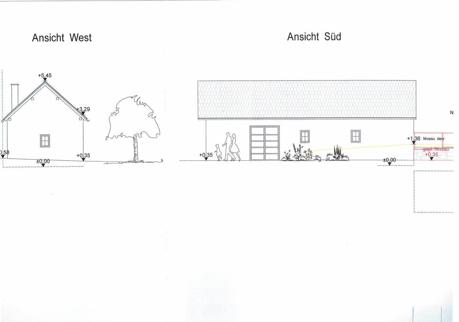 Ansichten des Gebäudes von Westen und Süden mit Dachform und Fensterpositionen.