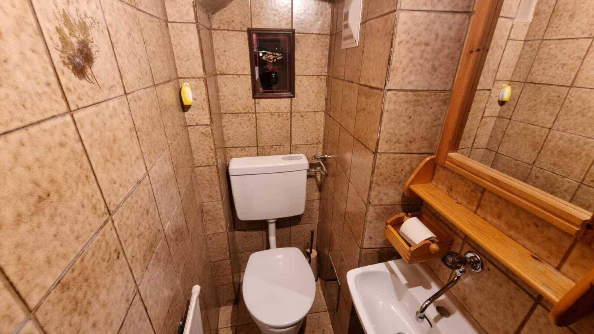 Kleines WC mit braunen Fliesen, Toilette und einem einfachen Waschbecken mit Holzspiegel.