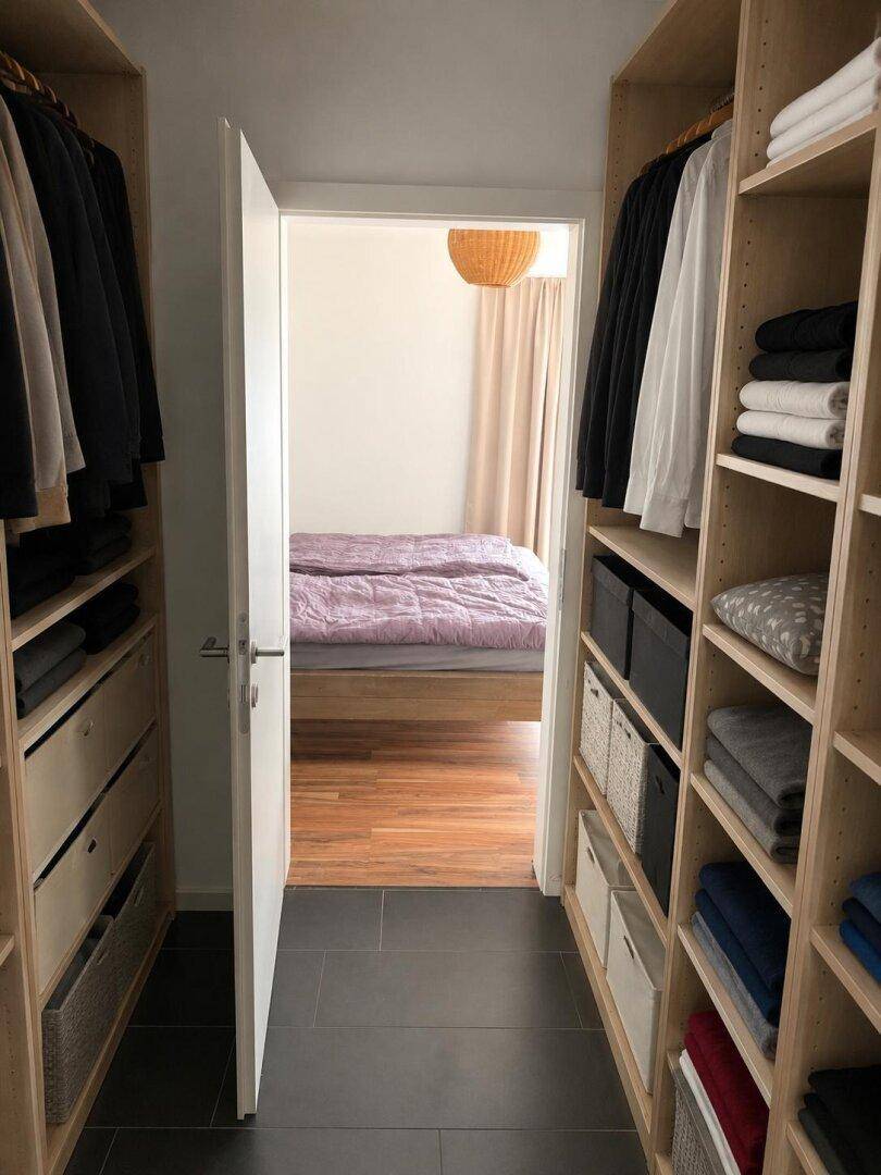 Begehbarer Kleiderschrank mit Regalen und Kleiderstangen, der zum Schlafzimmer führt.