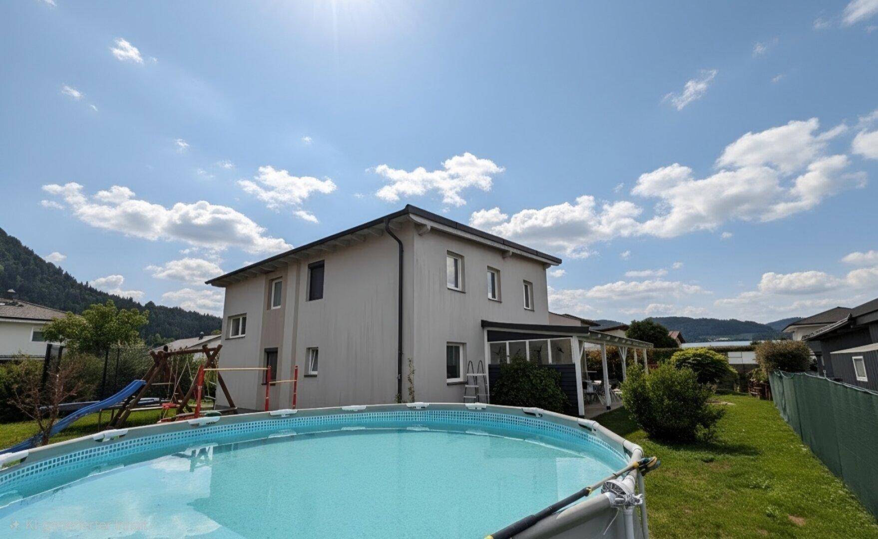 Hinterhof mit großem Aufstellpool, Kinderspielplatz und Blick auf die umliegende Berglandschaft.