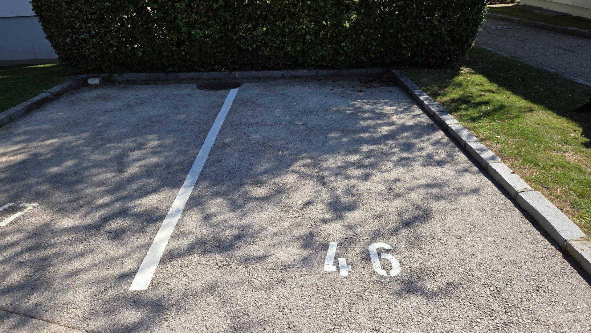 Außenparkplatz mit Markierung für ein Fahrzeug, umgeben von einer Hecke und Rasen.
