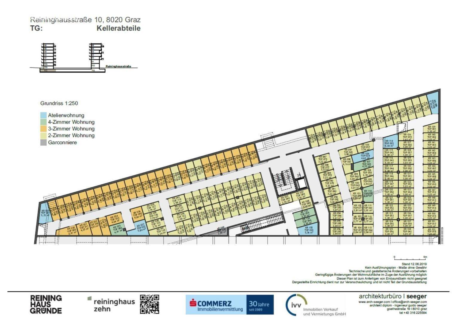 Grundrissplan der Kellerräume mit zahlreichen Abteilen für Lagerzwecke.