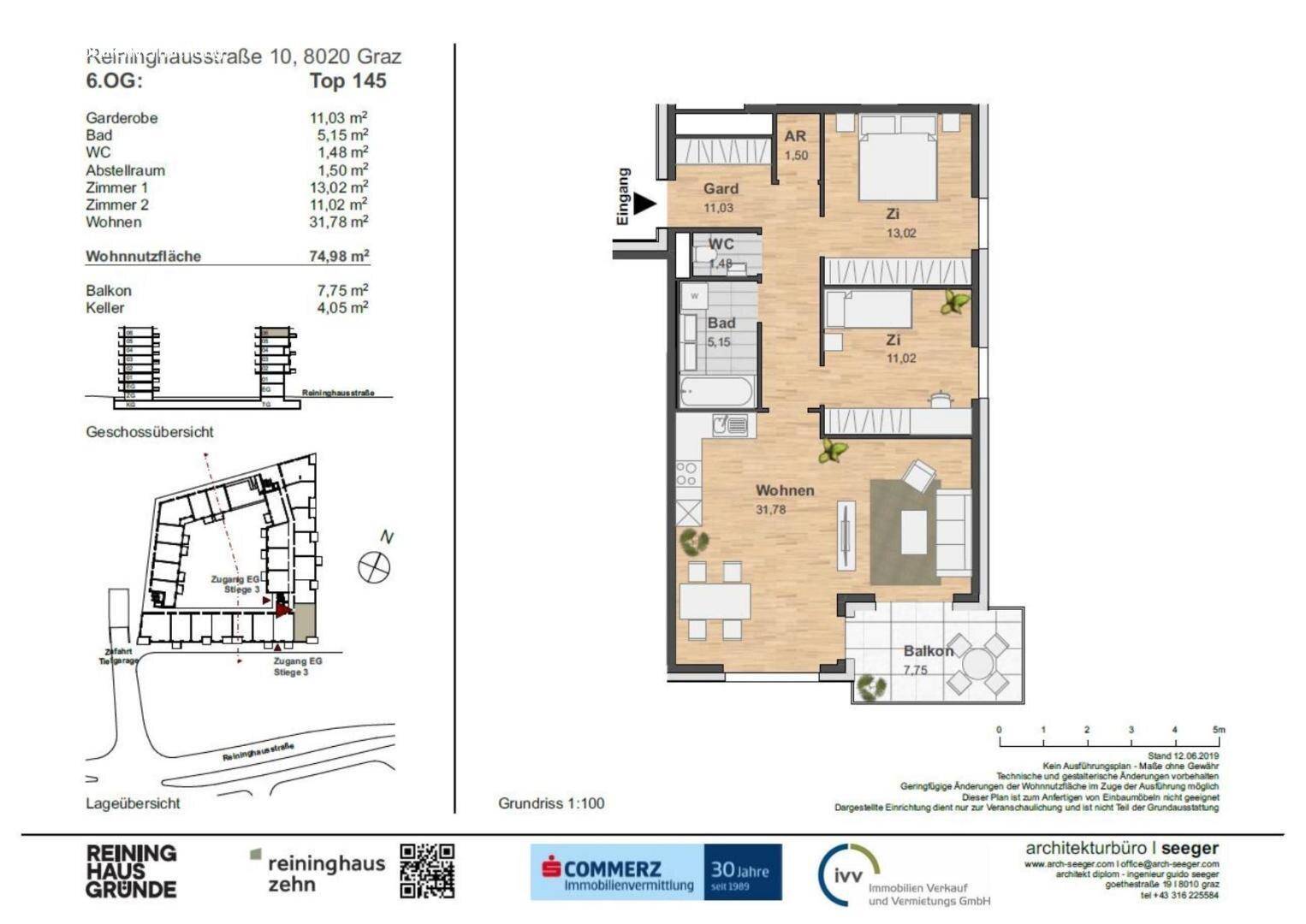 Detaillierter Grundriss einer Wohnung mit Wohnzimmer, Schlafzimmern und Balkon.