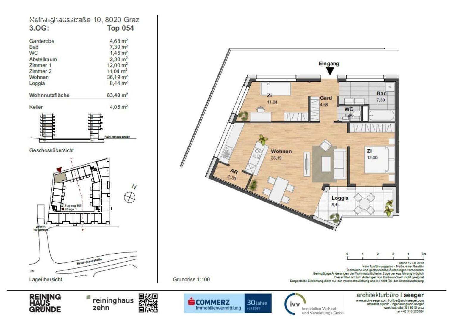 Grundriss der Wohnung Top 054 im 3. Obergeschoss mit Wohnfläche und Loggia.