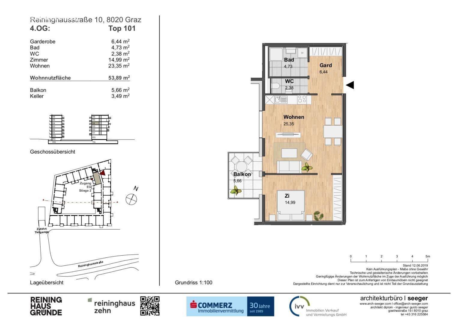 Grundriss einer Wohnung mit Wohnzimmer, Schlafzimmer, Bad, WC und Balkon.