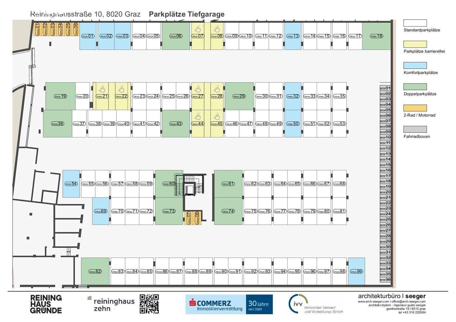 Grundriss der Tiefgarage mit nummerierten Stellplätzen und verschiedenen Parkplatztypen.