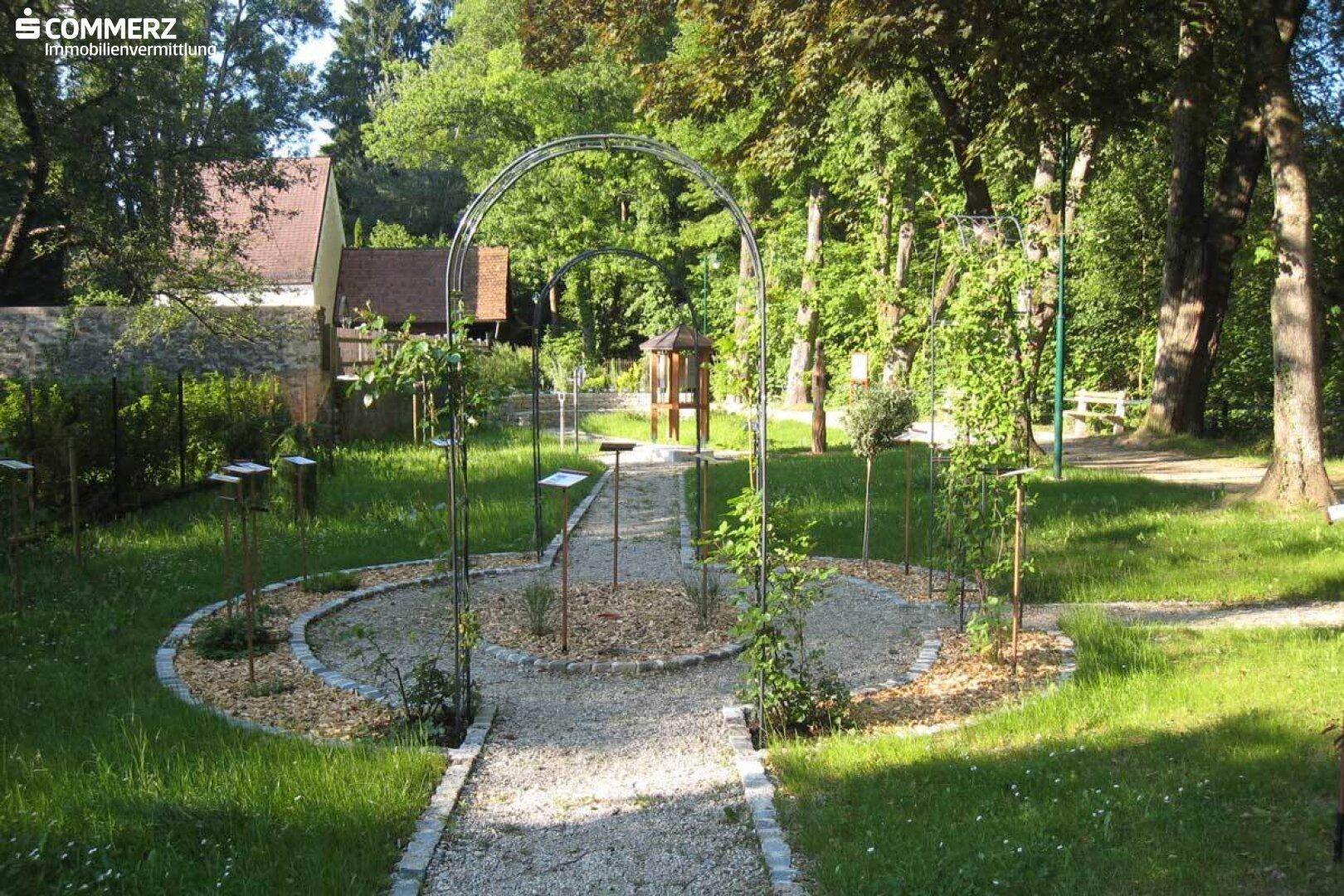Gepflegter Gartenbereich mit Kieswegen, dekorativen Bögen und jungen Bäumen, umgeben von viel Grün.