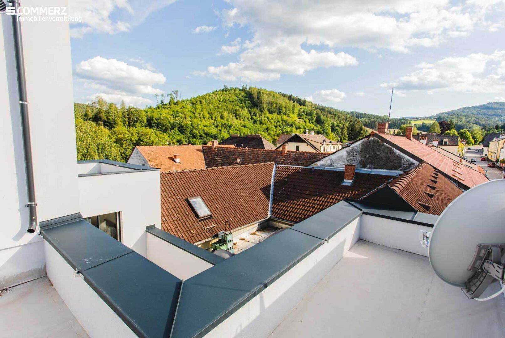 Dachterrasse mit Blick auf die roten Ziegeldächer der Nachbargebäude und bewaldete Hügel.