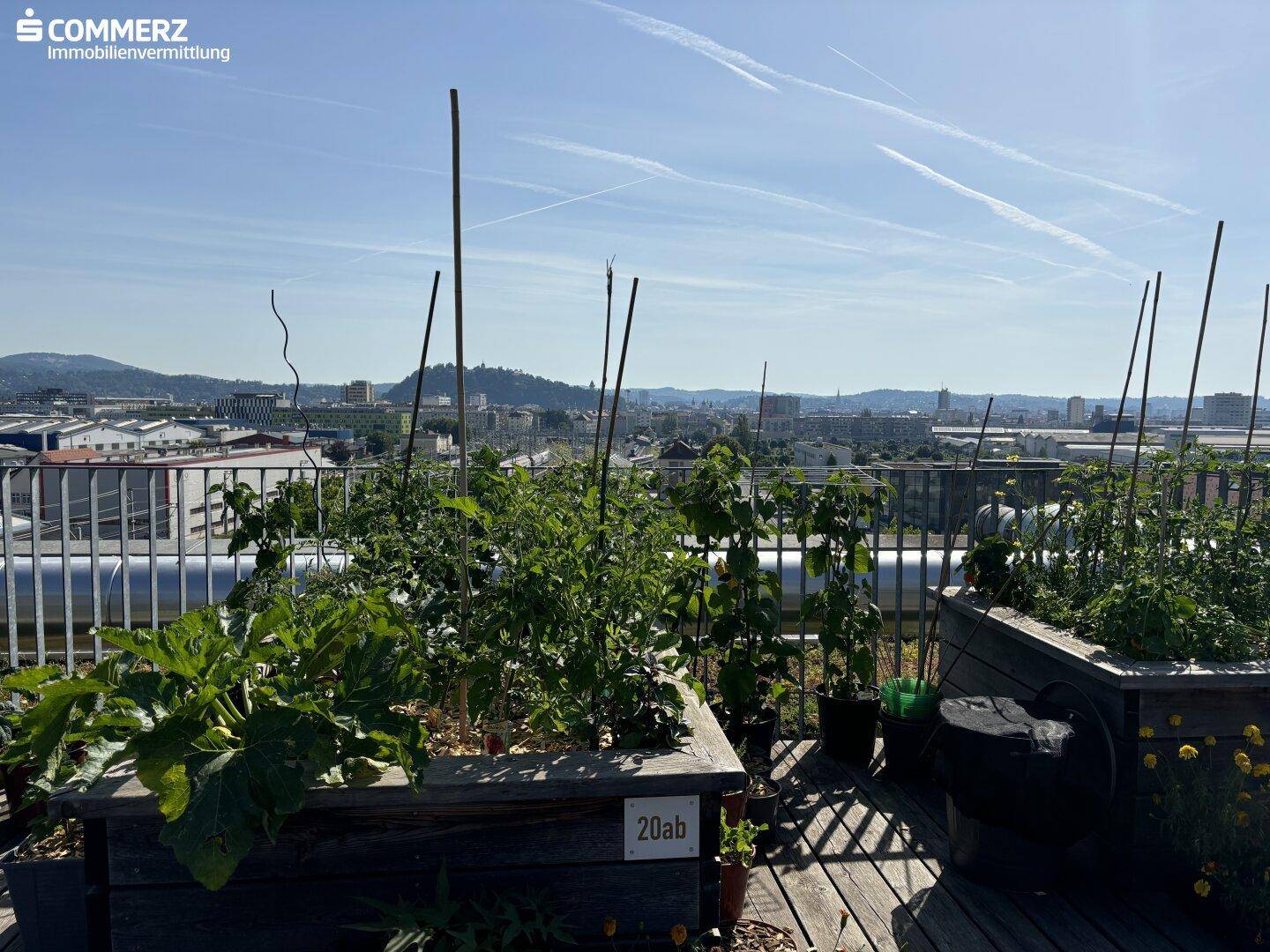 Weitläufiger Dachgarten mit Hochbeeten und Holzdeck, bietet einen Panoramablick über die Stadt.