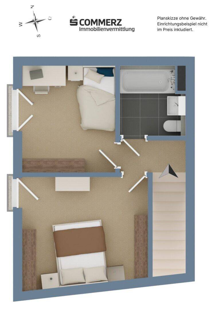 Grundriss einer Obergeschosswohnung mit zwei Schlafzimmern und einem Badezimmer.