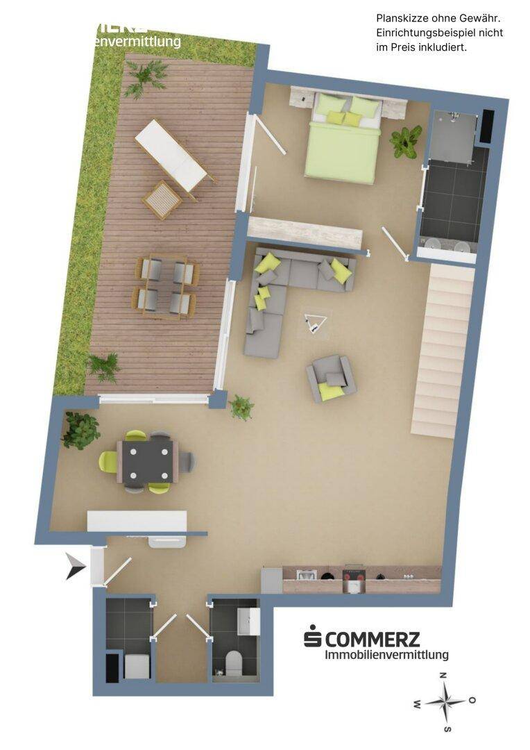 Grundriss einer Erdgeschosswohnung mit offenem Wohnbereich, Schlafzimmer und großer Terrasse.