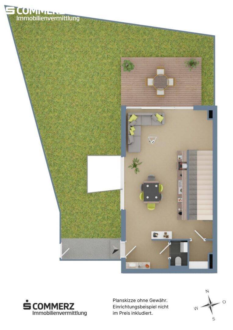 Grundriss des Erdgeschosses mit offenem Wohnbereich, Küche, WC und großer Terrasse.