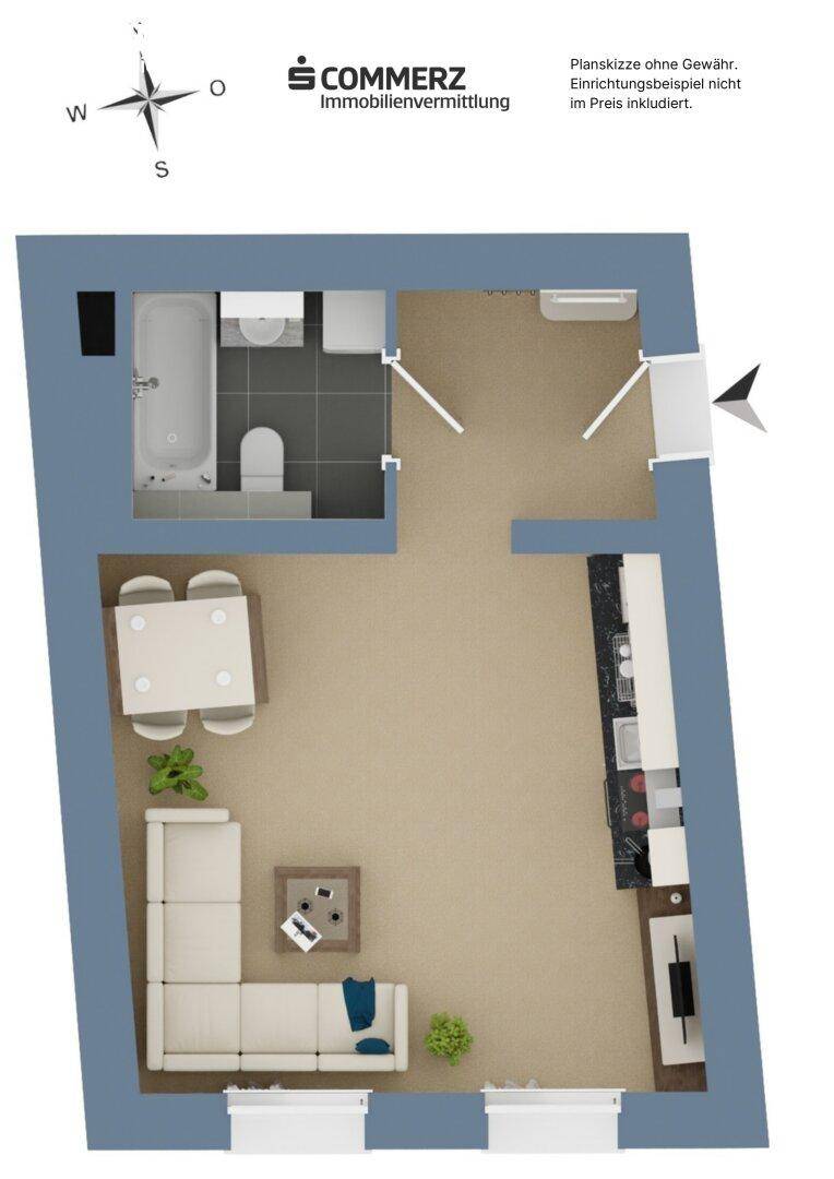 Grundriss einer Wohnung mit offenem Wohn-, Ess- und Küchenbereich sowie einem Badezimmer.