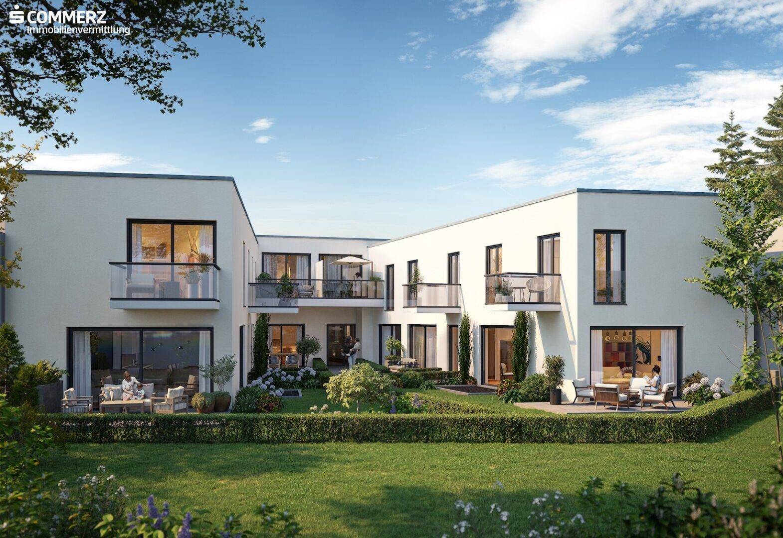Moderne Wohnanlage mit gepflegtem Garten, Balkonen und Terrassen für entspannte Stunden im Freien.
