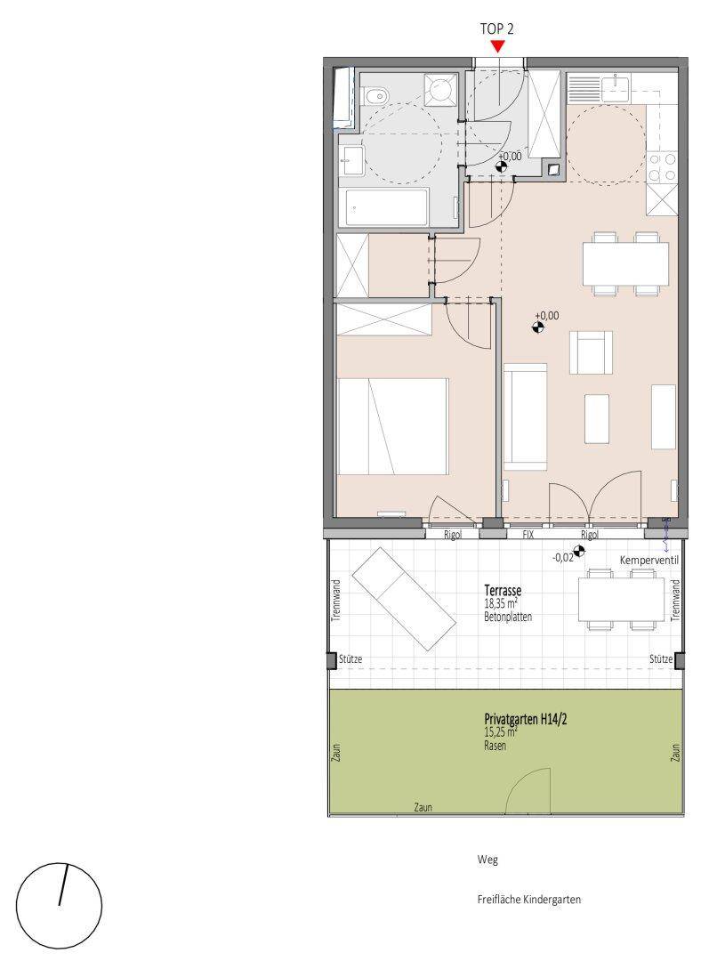 Detaillierter Grundriss einer Wohnung mit Terrasse und privatem Gartenbereich.