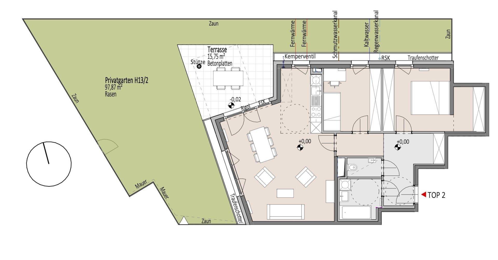 Detaillierter Grundriss einer Wohnung mit Terrasse, Privatgarten und offenem Wohnbereich.