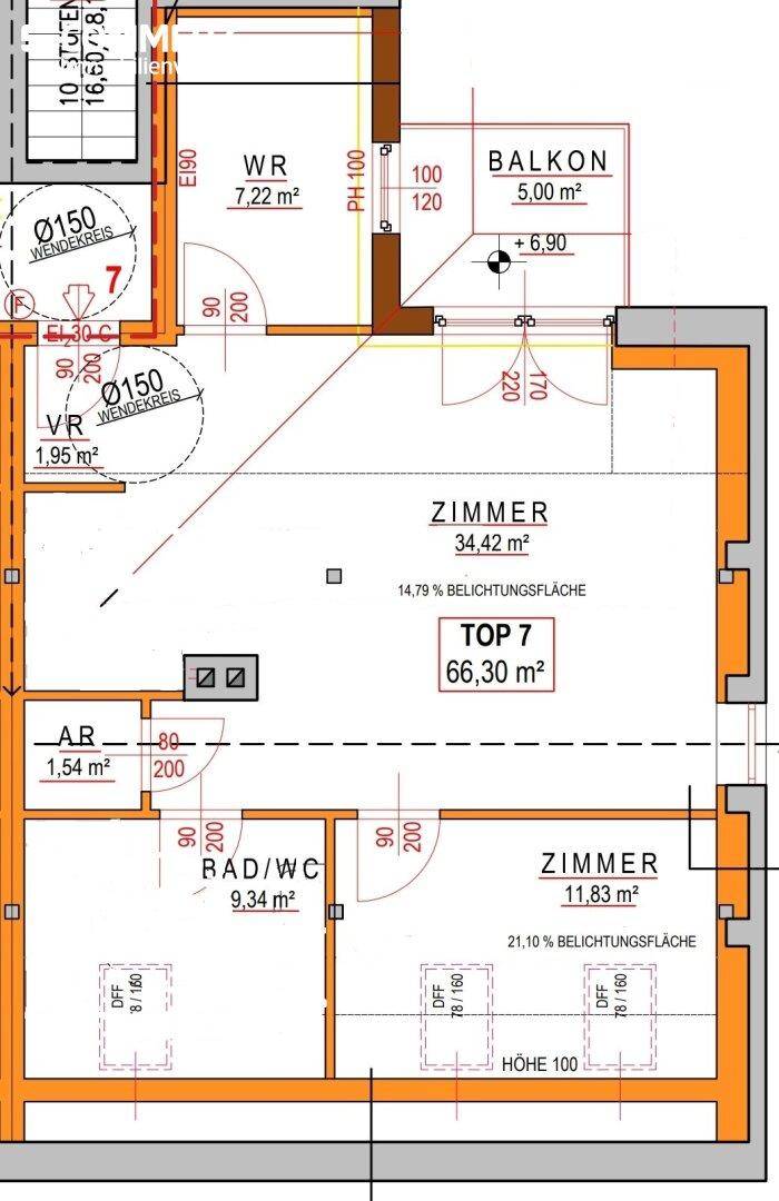 Grundriss einer Dachgeschosswohnung mit Balkon, Abstellraum und schrägen Decken.