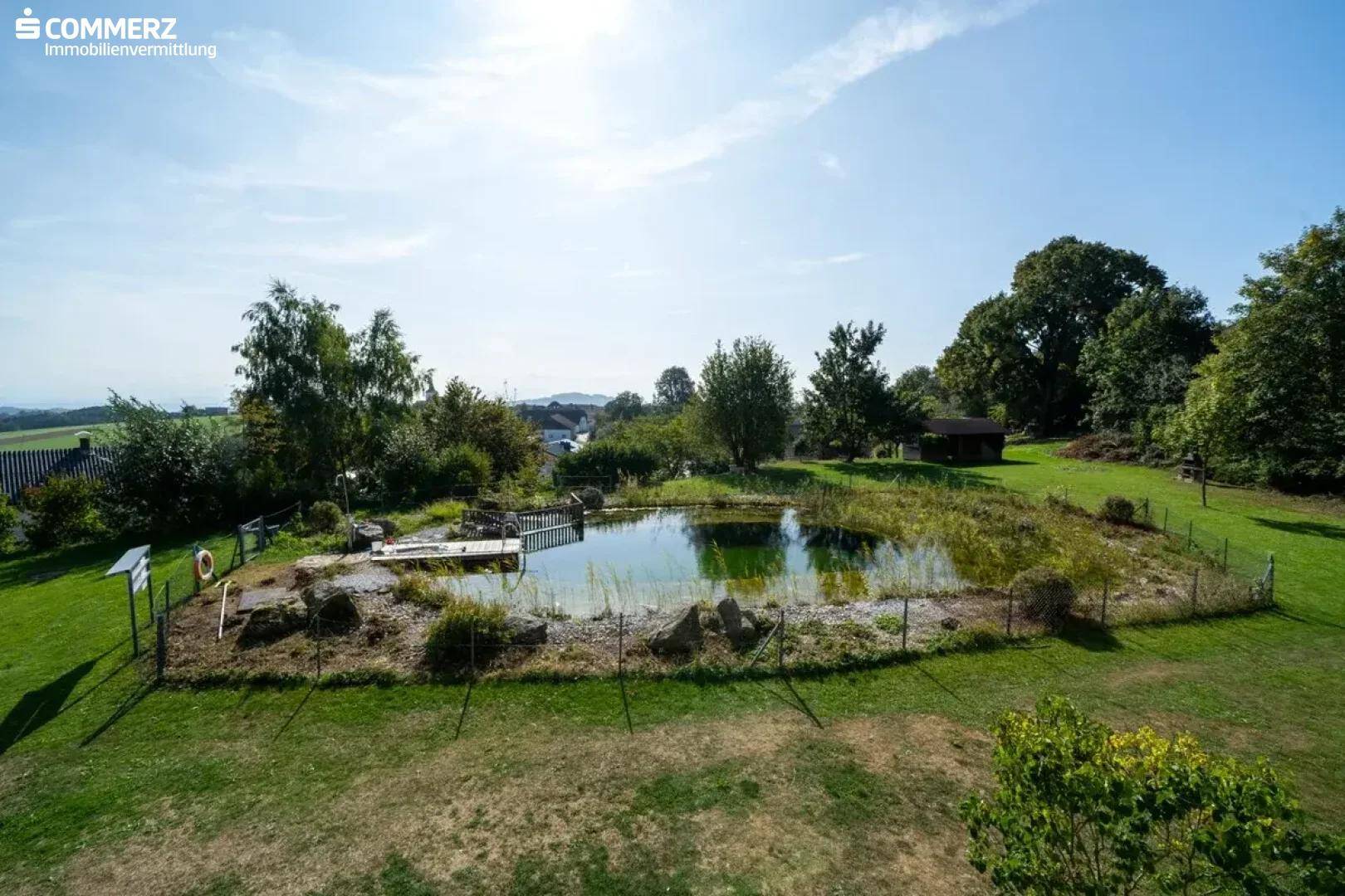 Idyllischer Naturbadeteich umgeben von Grünflächen und Bäumen unter blauem Himmel.