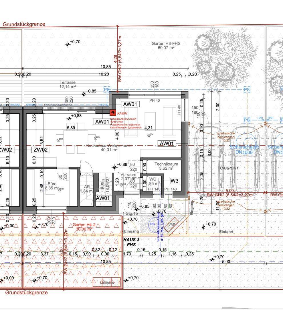 Detaillierter Grundriss mit Raumaufteilung, Terrasse und Gartenbereich für Haus 3.